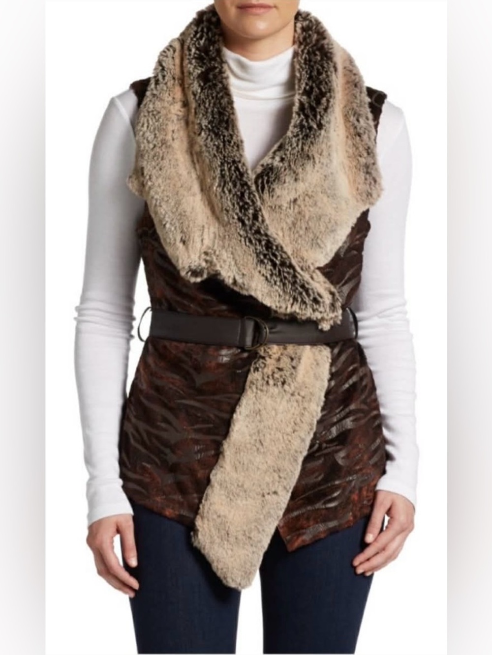 Faux Fur Trim Brown Vest with Belt